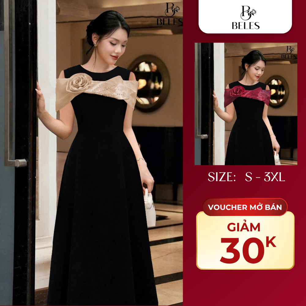 Đầm Tiệc Beles Phối Hoa Vai Đính Hoa Thủ Công Sang Trọng Thanh Lịch Trẻ Trung V21-2603