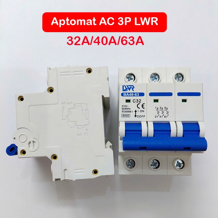 Bộ MCB 3 pha Aptomat 3 pha 32A 40A 63A LWR. CB 3P, aptomat 3p, MCB 3P bảo vệ chống quá tải, ngắn mạc