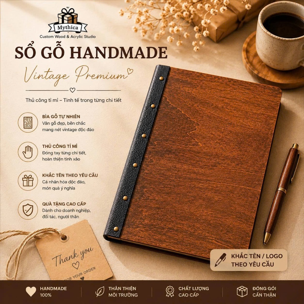 Sổ bìa gỗ gáy da khắc tên — ảnh listing minh họa