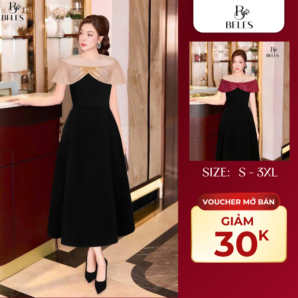 Đầm Tiệc Beles Phối Vai Tơ Đính Hoa Thủ Công Sang Trọng Thanh Lịch Trẻ Trung V19-25044