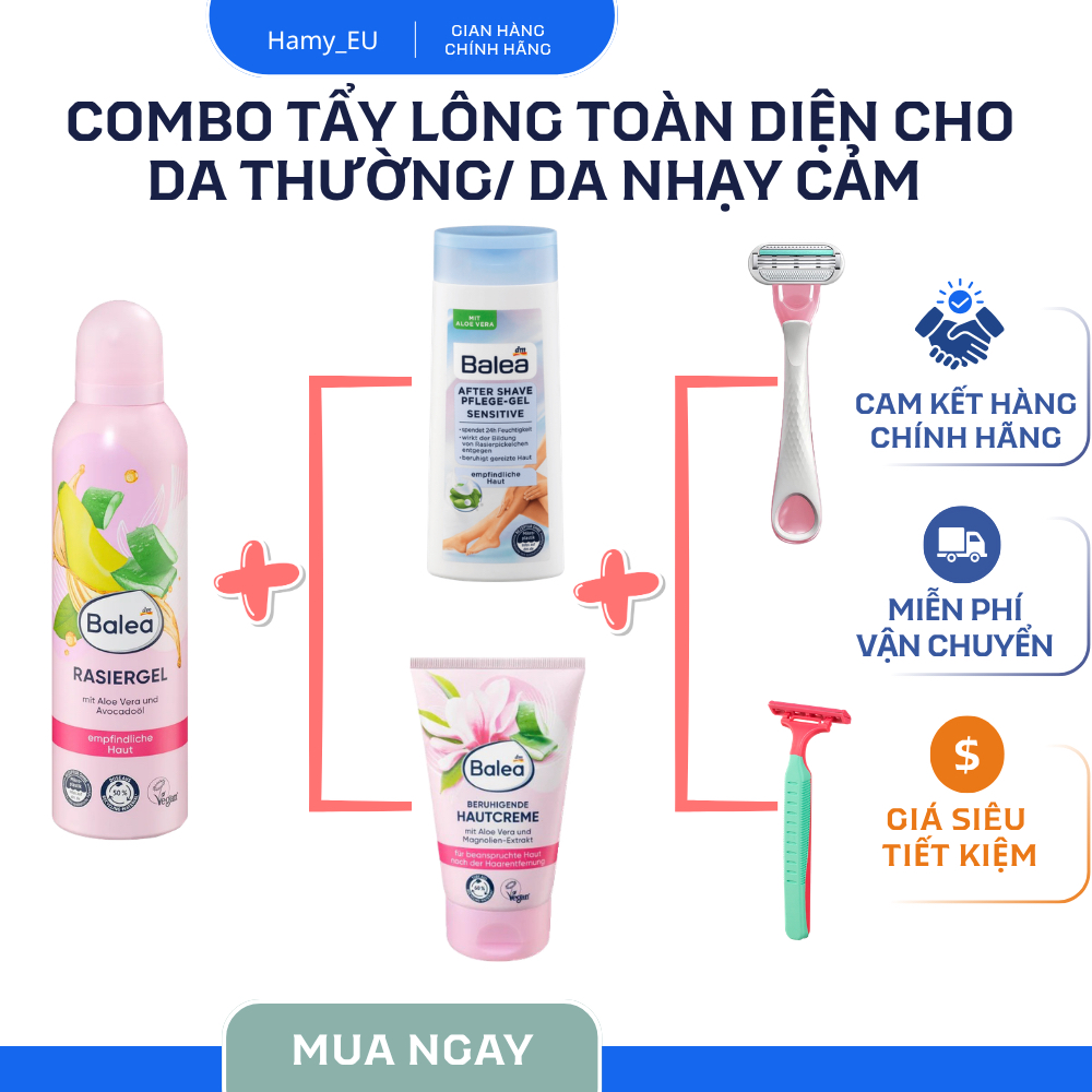 Combo bọt tẩy cạo lông+kem dưỡng ức chế mọc lông+Dao cạo balea nội địa Đức