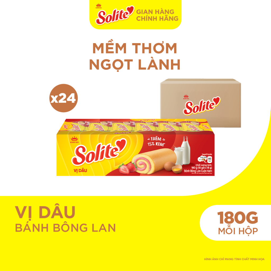 Thùng 24 Hộp Bánh Bông Lan Solite Cuộn Kem Vị Dâu 180g
