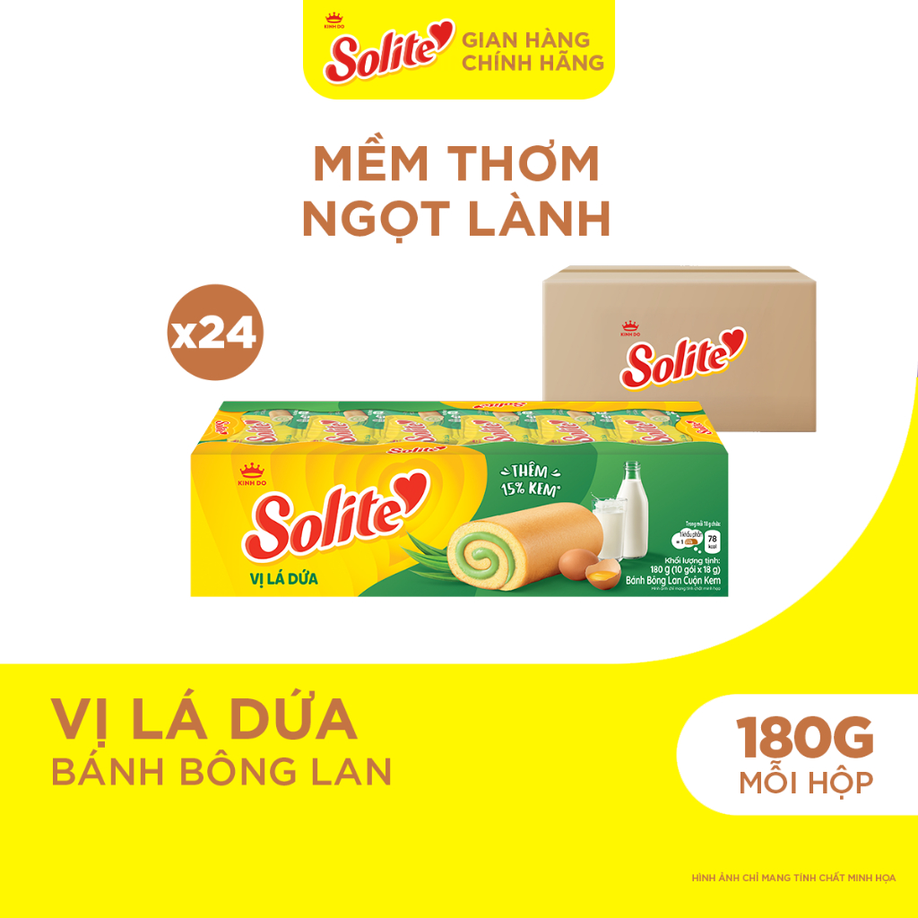 Thùng 24 Hộp Bánh Bông Lan Solite Cuộn Kem Vị Lá Dứa 180g