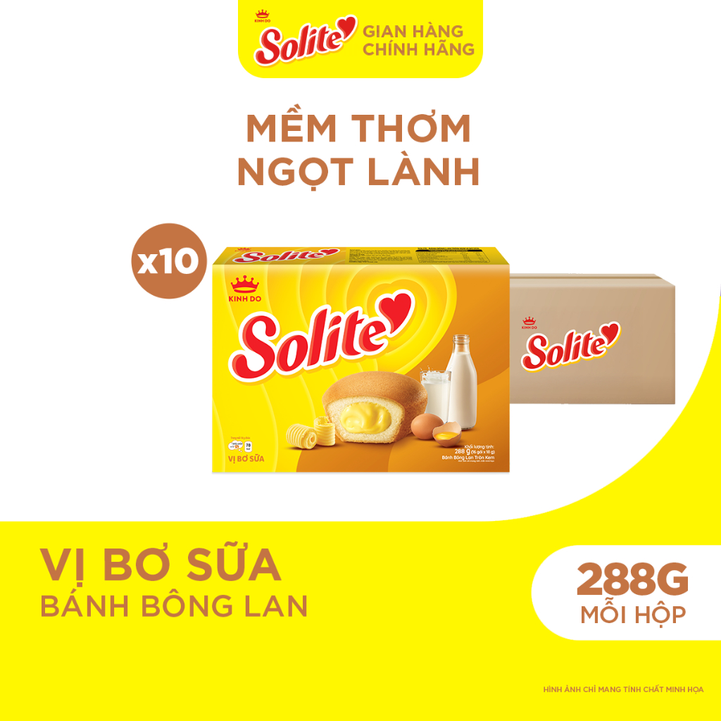 Thùng 10 Hộp Bánh Bông Lan Solite Tròn Kem Vị Bơ Sữa 288g
