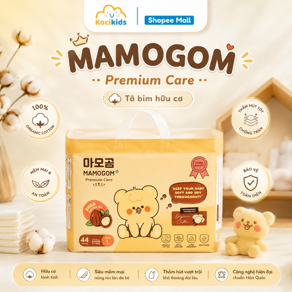 Tã Bỉm Dán/Quần hữu cơ MAMOGOM Premium Care công nghệ Hàn đủ size NB40/S62/M52/M48/L44/XL40/XXL38