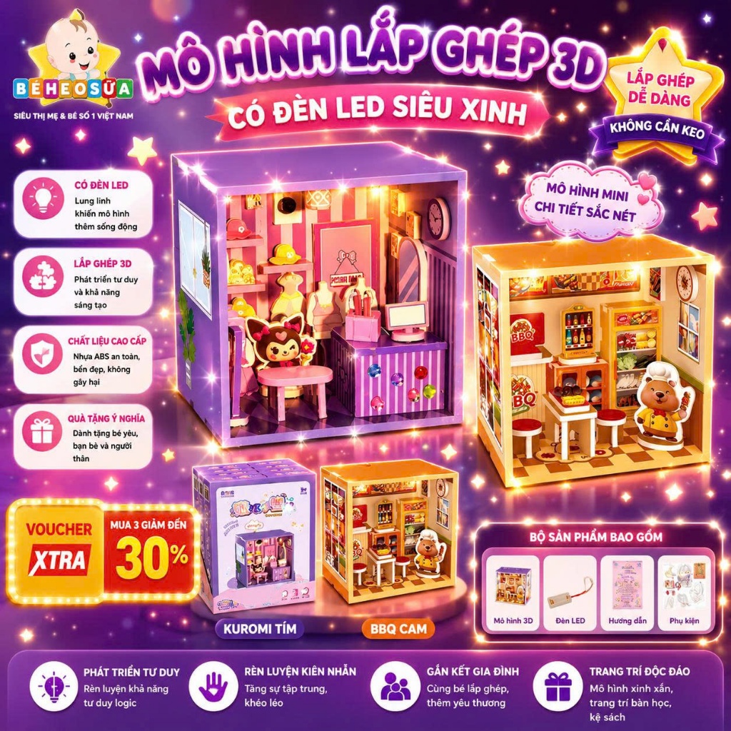 Mô Hình Lắp Ghép Nhà Mini Có Đèn, Cửa hàng, Siêu Thị Bằng Xốp size To - Nhà Búp Bê Tự Lắp Ráp Sáng T