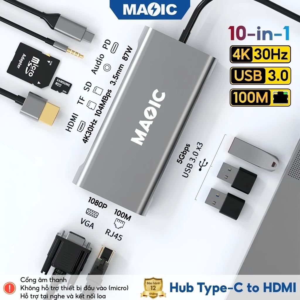 Hub type-c 10 trong 1 hub chia cổng usb Dock,hub chuyển đổi macbook/laptop,Type-C sang HDMI 4K