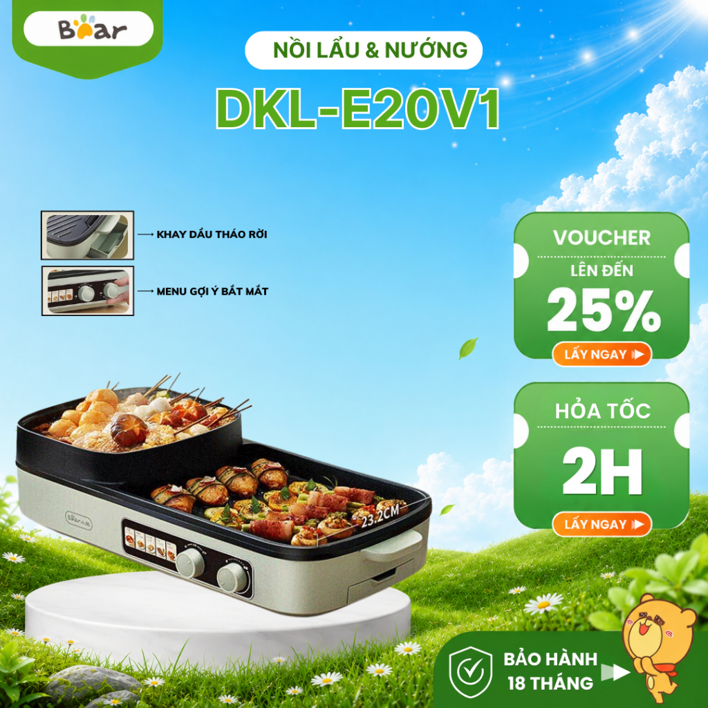 Nồi lẩu nướng điện 2 trong 1 Bear DKL- E20V1, 2000W, 3.5L, Khay Hứng Dầu, Chống Dính, BH 18 tháng