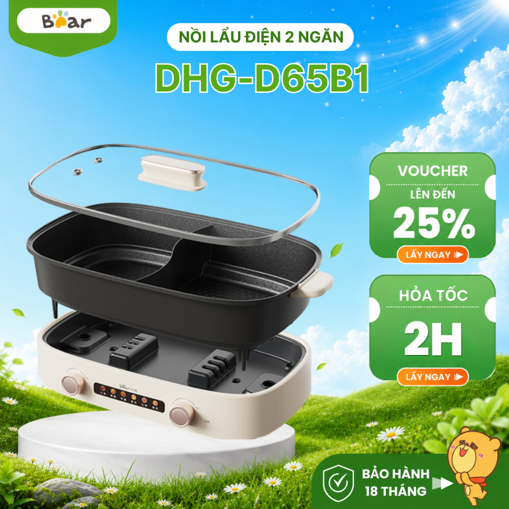 Nồi lẩu nướng điện 2 ngăn 6.5L đa năng Bear DHG- D65B1, 2100W, Chống dính, Cho 3-7 người ăn, BH 18Th