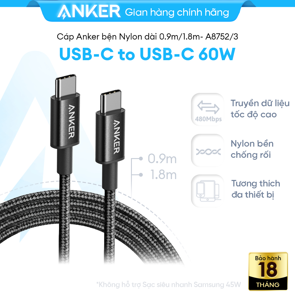Cáp sạc nhanh Anker USB-C to USB-C 60W, Dây dù, Truyền dữ liệu 480Mbps, sạc iPhone, Samsung, iPad, MacBook  - A8752/3 | BigBuy360 - bigbuy360.vn