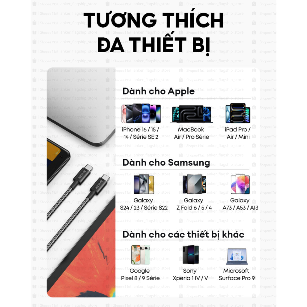 Cáp sạc nhanh Anker USB-C to USB-C 60W, Dây dù, Truyền dữ liệu 480Mbps, sạc iPhone, Samsung, iPad, MacBook  - A8752/3 | BigBuy360 - bigbuy360.vn
