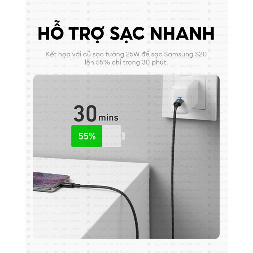 Cáp sạc nhanh Anker USB-C to USB-C 60W, Dây dù, Truyền dữ liệu 480Mbps, sạc iPhone, Samsung, iPad, MacBook  - A8752/3 | BigBuy360 - bigbuy360.vn