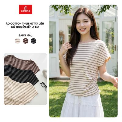 Áo thun nữ CARDINA Cotton thun kẻ tay liền cổ thuyền xếp ly eo 6ATC22