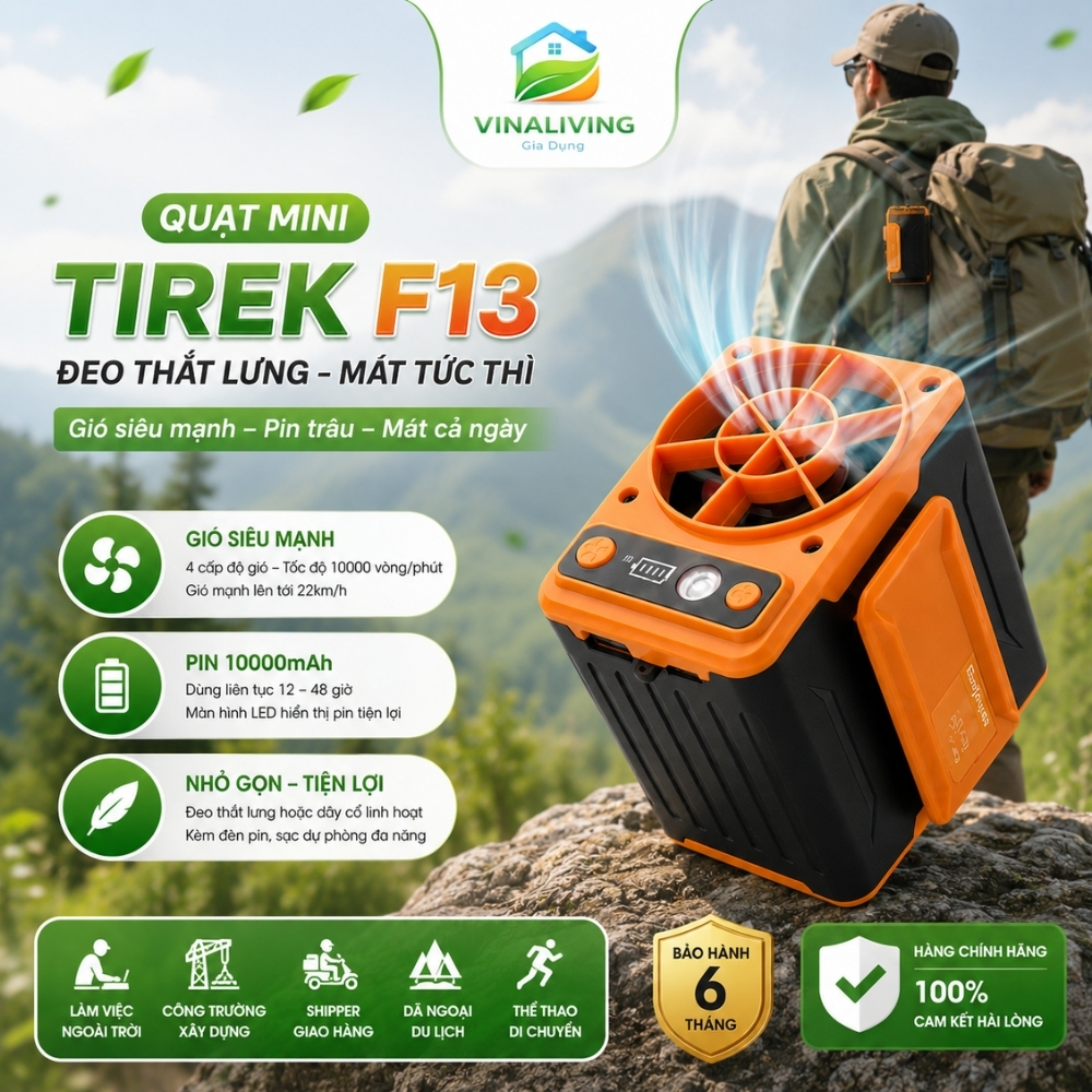 [ BẢN NEW 2026 ] Quạt Mini Đeo Thắt Lưng Tirek F13 Pin 10000mAh, Gió Siêu Mạnh 4 Cấp, Dùng 12–48H – 