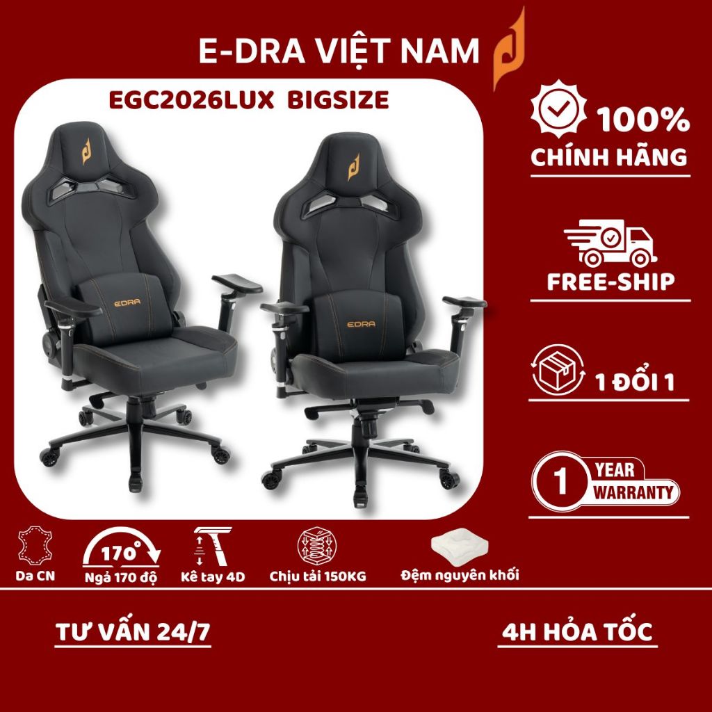 Ghế Game E-DRA Ultimate EGC2026 LUX Bigsize chịu tải 150kg, đệm đúc nguyên khối. Hàng chính hãng - B