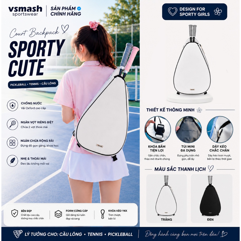 Balo Cầu Lông, Túi Tennis, Pickleball Đeo Chéo Vsmash Sportwear – Vải Oxford Cứng Cáp, Tiện Lợi, Thờ