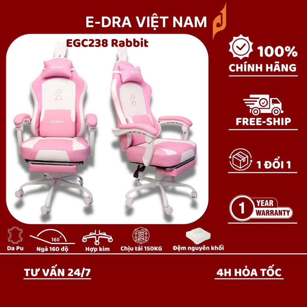 Ghế game E-DRA EGC238 Rabbit chịu tải 150kg, đệm mật độ cao, ngả 155 độ. Bảo hành chính hãng