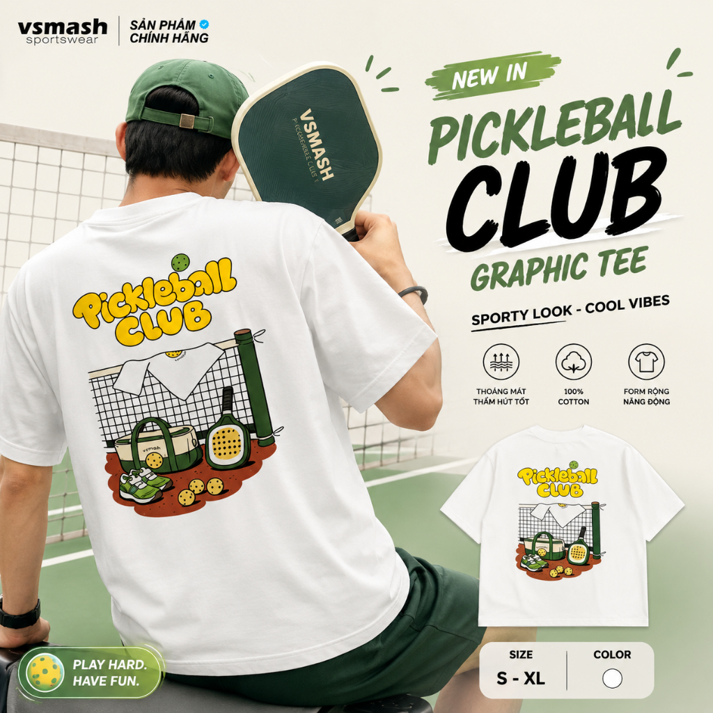 Áo Thun Cầu Lông Nam Nữ Vsmash Sportwear Graphic "Pickleball CLUB" – Vải Bông Em Bé Mềm Mịn, Thoáng 