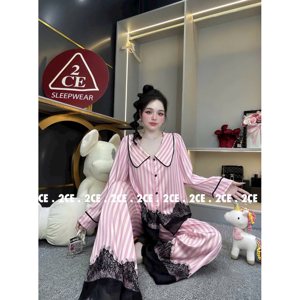 Bộ pyjama tay dài kiểu tiểu thư phối ren sang chảnh (hàng thiết kế 2CE)