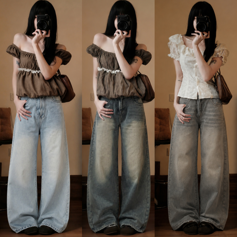 Quần Jeans  Suông Ống Rộng Đứng  MIAA Cạp Cao Màu RETRO , Quần Bò Ống Rộng Chất Jean Mềm Form Unisex