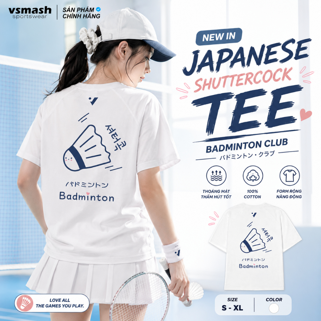 Áo Thun Cầu Lông Unisex Vsmash Sportwear – In lụa "JAPANESE SHUTTERCOCK" – Vải Bông Em Bé Mềm Mịn, T