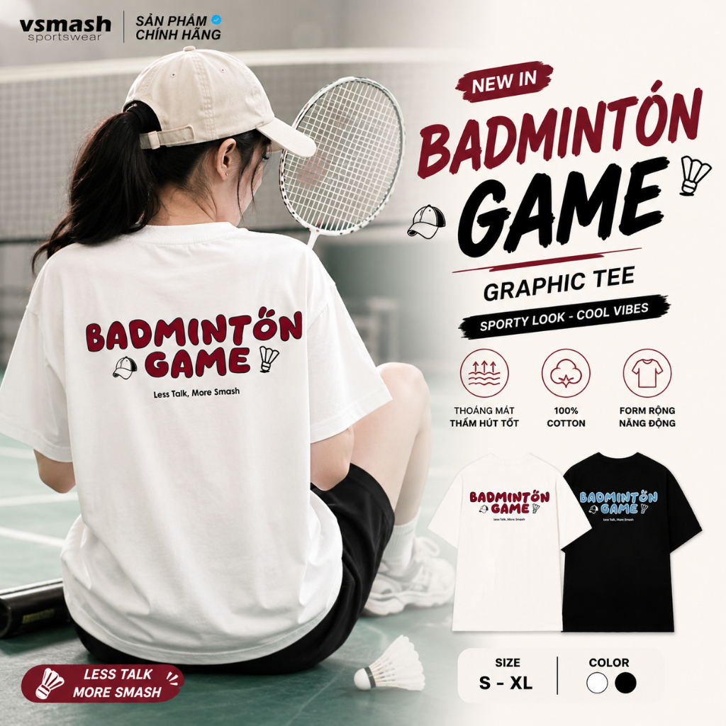 Áo cầu lông SỢI BÔNG EM BÉ Thương hiệu Vsmash Sport, BADMINTON GAME | Cổ Tròn | Màu trắng - Đen Cott