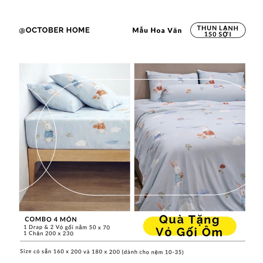 Set 4 Món Vải Lạnh Cool Fabric OCTOBER BEDDING Size 1m6 & 1m8 Mát Lạnh nhiều họa tiết
