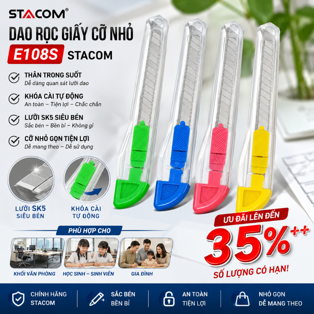 [Giảm giá] Dao rọc giấy nhỏ cỡ nhỏ, dùng lưỡi 9*100mm, siêu bén và bền | Stacom E101E, E108S