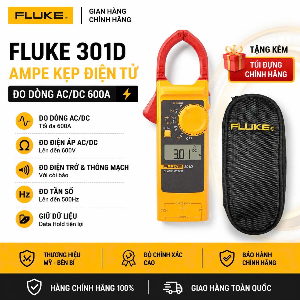 [ FLUKE 301D ] [ BH 12 THÁNG ] Ampe kìm đo dòng AC/DC, điện áp, điện trở, tụ điện Fluke 301D (600A) 