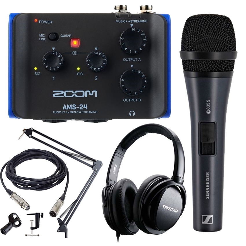 Combo thu âm và livestream podcast sound card Zoom AMS24, micro E835S và tai TS-450, phù hợp cho str