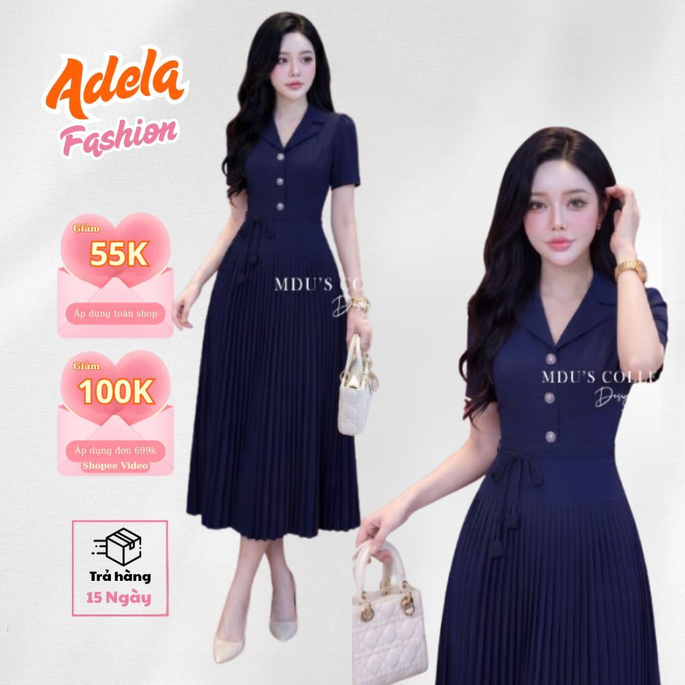 Váy công sở thanh lịch cổ vest dập ly chất Gold Nhật MDU6134 | ADELA SHOP