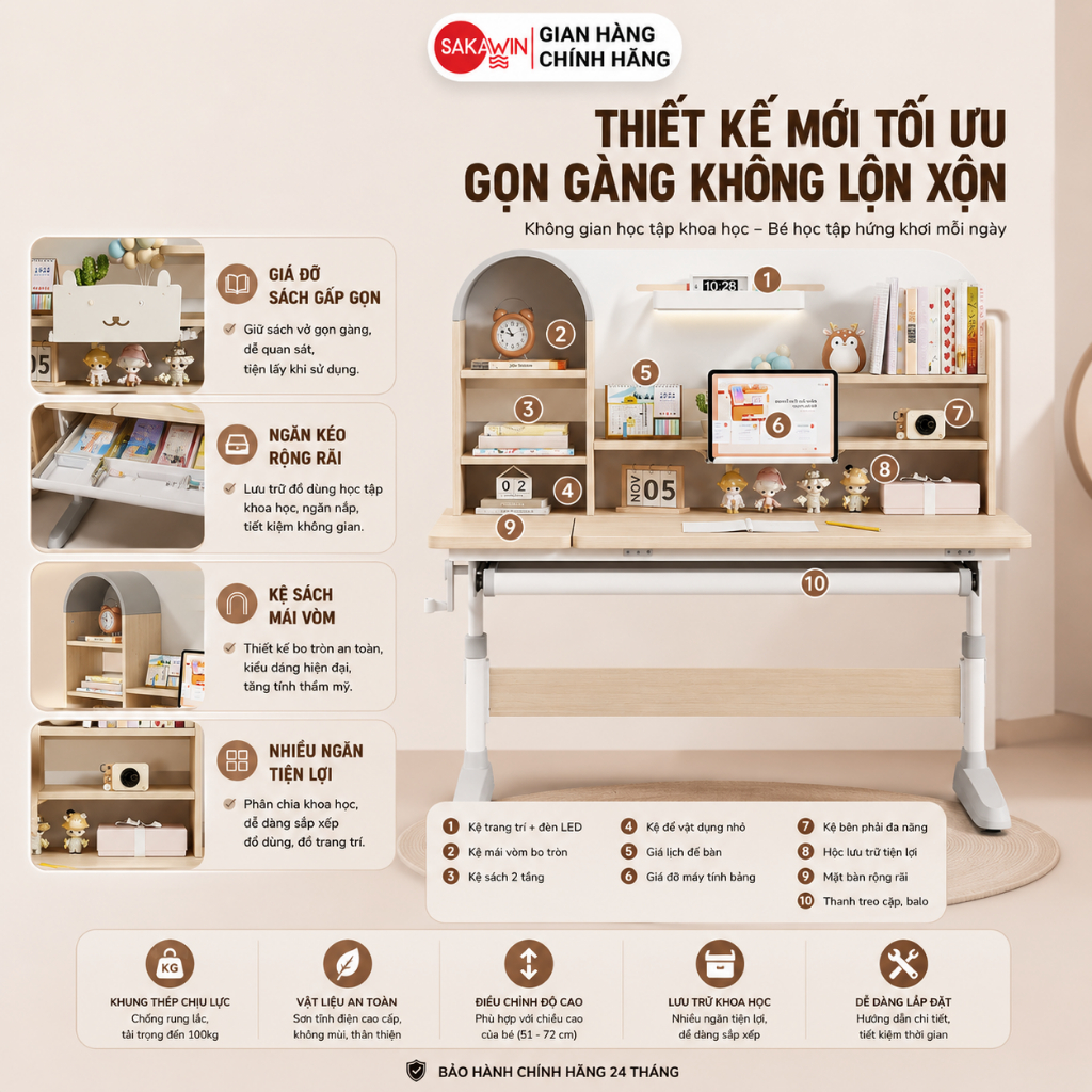 (Bản Cải Tiến) Bàn học thông minh Sakawin S110 Bàn học cho bé Khung thép sơn tĩnh điện chống rỉ Mặt bàn cốt gỗ tự nhiên. | BigBuy360 - bigbuy360.vn