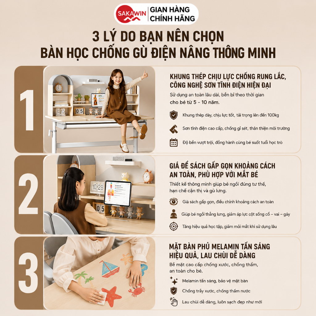 (Bản Cải Tiến) Bàn học thông minh Sakawin S110 Bàn học cho bé Khung thép sơn tĩnh điện chống rỉ Mặt bàn cốt gỗ tự nhiên. | BigBuy360 - bigbuy360.vn