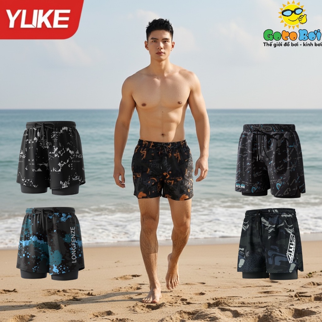 Quần bơi nam 2 lớp, Quần thể thao chống lộ ống suông YUKE, Đã kiểm định chất lượng
