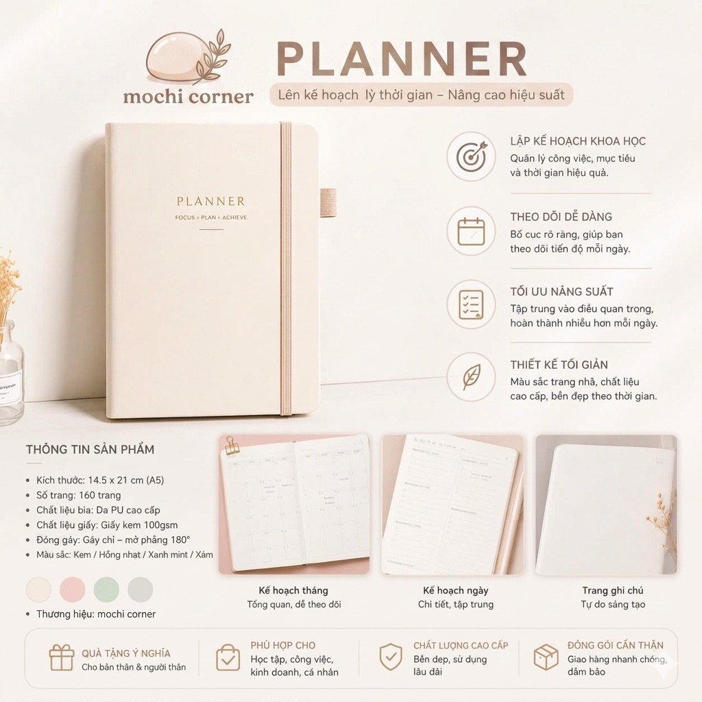 Sổ tay Planner thiết kế tối giản-Sổ lên kế hoạch chống thấm mực Mochi carner