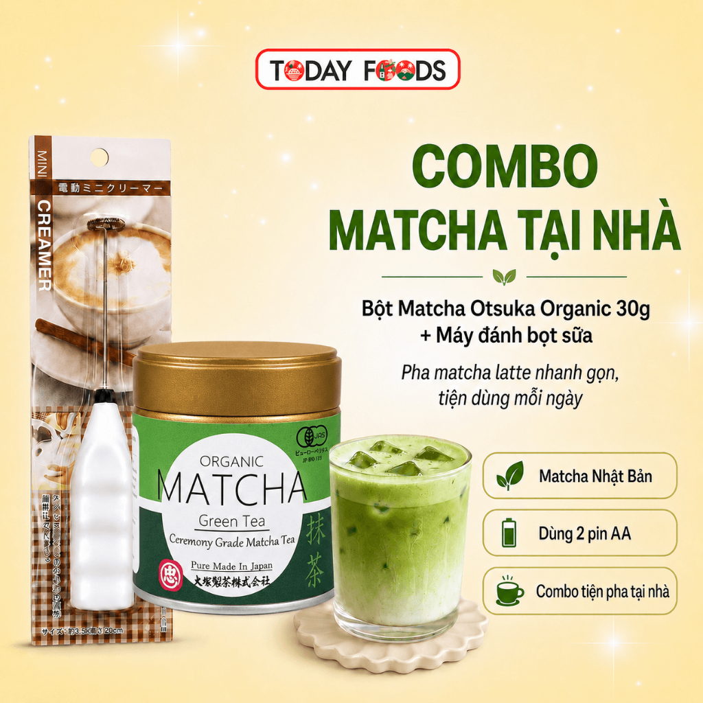 Combo Bột Matcha Otsuka Nhật Hữu Cơ 30g + Máy Đánh Bọt Sữa Dùng Pin AA | Pha Matcha Latte Tại Nhà