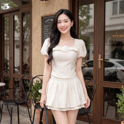 Set bộ Twentyfive áo tay bồng cổ vuông có đính hoa và chân váy ngắn dáng xòe SAVH83