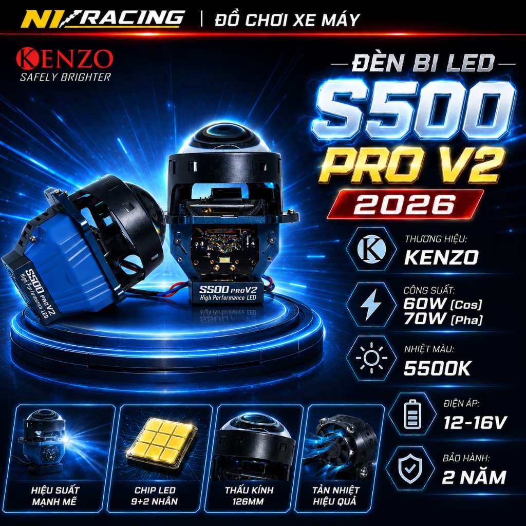 S500 Pro V2, Đèn Bi Cầu Kenzo S500 Pro Ver 2 65W Dễ Lắp Đặt Đáp Ứng Mọi Nhu Cầu Tăng Sáng - BH 2 Năm