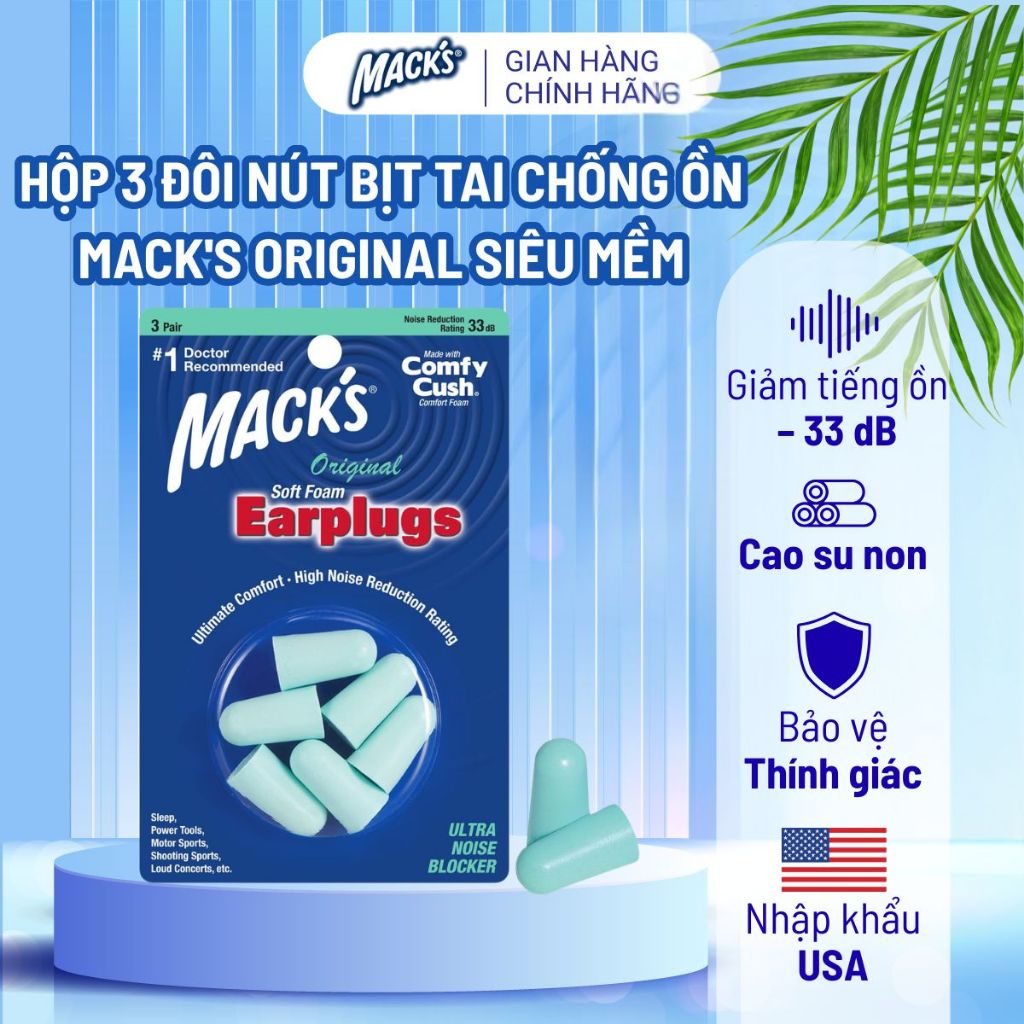 Hộp 3 đôi nút bịt tai chống ồn Mack's Original siêu mềm, siêu nhẹ cho giấc ngủ ngon