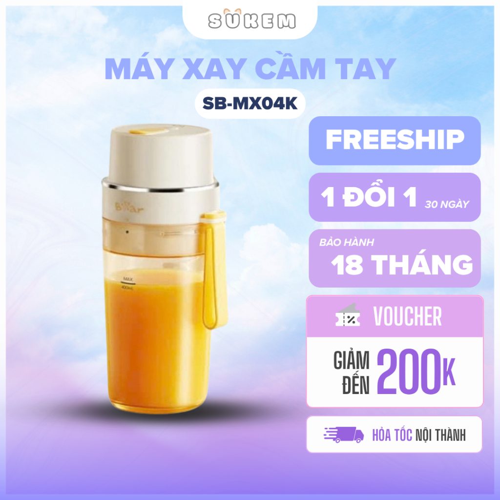 Máy Xay Sinh Tố Cầm Tay 2 Cối Bear Lưỡi Dao 12 Cánh Sắc Bén Xay Đá Bào Đa Năng Không Dây SB-MX04K