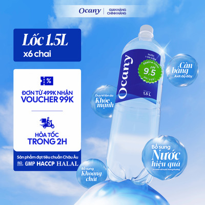 Lốc 6 chai nước ion kiềm Ocany chai 1.5l giúp trung hòa aixt dư thừa, tốt cho sức khỏe