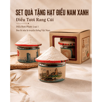 Set Quà Tặng Hạt Điều Nam Xanh, Điều Bình Phước Loại 1, Điều Tươi Rang Củi, Nón Lá Truyền Thống
