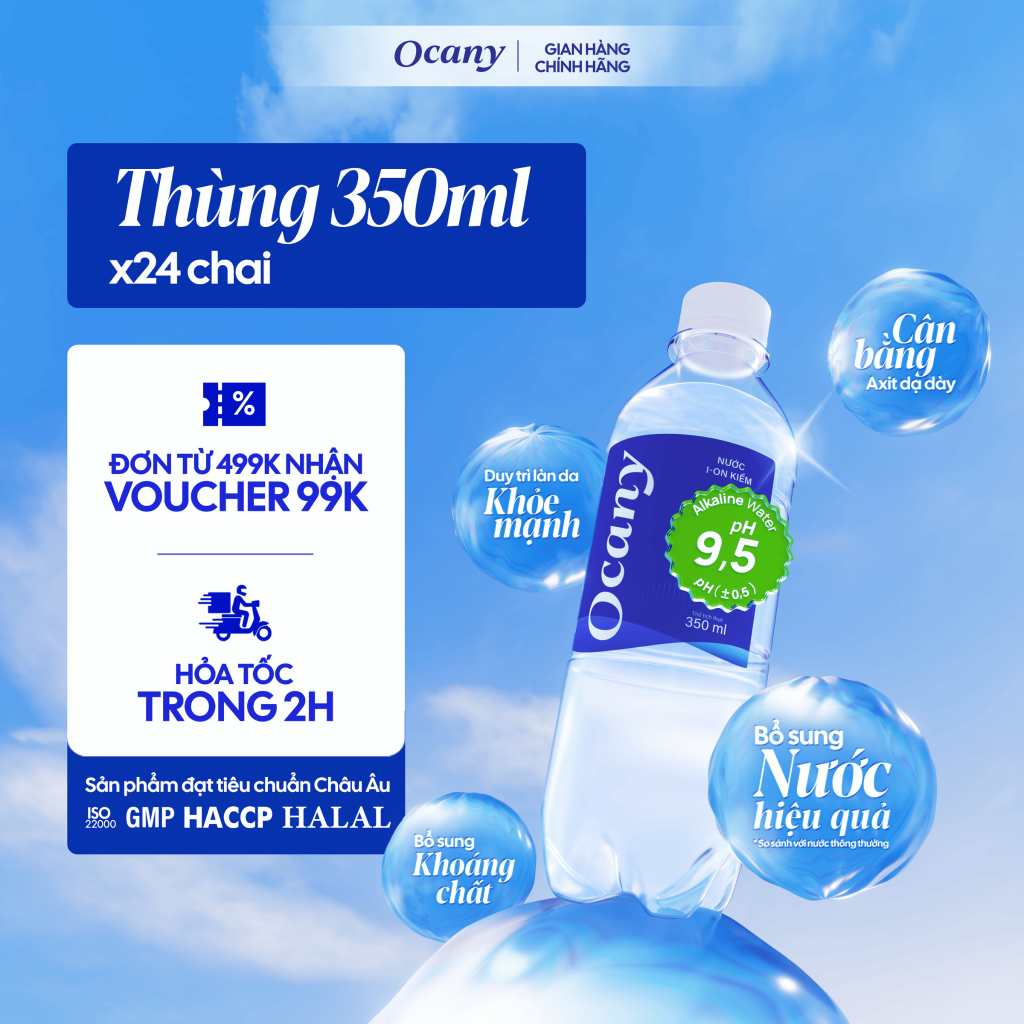 Nước uống Ion Kiềm Ocany Cao Cấp 350ml thùng 24 chai Giúp tiêu hóa, detox, bù khoáng, trung hòa axit