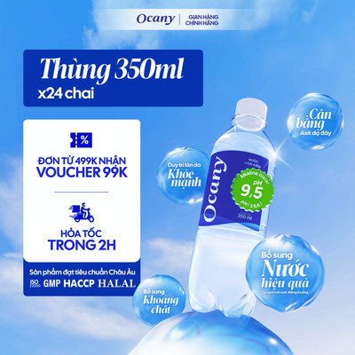 Nước uống Ion Kiềm Ocany Cao Cấp 350ml thùng 24 chai Giúp tiêu hóa, detox, bù khoáng, trung hòa axit