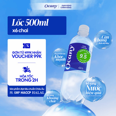Lốc 6 chai nước ion kiềm Ocany chai 500ml giúp trung hòa axit dư thừa, hỗ trợ sức khỏe