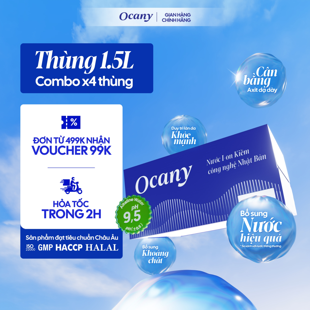 Combo 4 thùng 12 chai nước ion kiềm Ocany chai 1.5l, giúp bù khoáng, giải nhiệt, hỗ trợ tiêu hóa