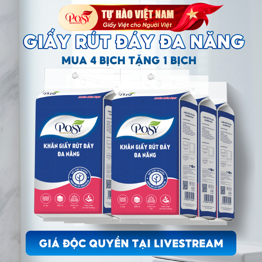 Combo 5 bịch giấy rút đáy đa năng posy 1280 tờ 4 lớp tiết kiệm, tiện lợi