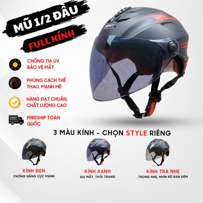 Mũ bảo hiểm nửa đầu kính dài chống nắng, đạt chuẩn, phong cách, freesize 56-59cm, phù hợp nam, nữ