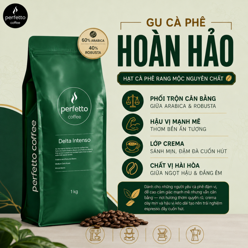 [Perfetto Coffee] Cà phê hạt Delta Intenso 60% Arabica & 40% Robusta (1000g)