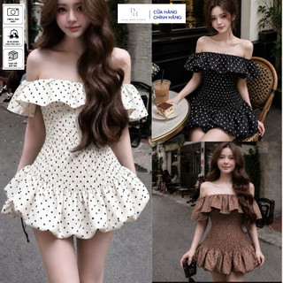 Đầm Cúp Ngực Dây Chạy Thun Phối Dây Váy Ren Phối Bồng DH STUDIO Chấm Bi Nâu Kem Tôn Dáng Siêu Xinh
